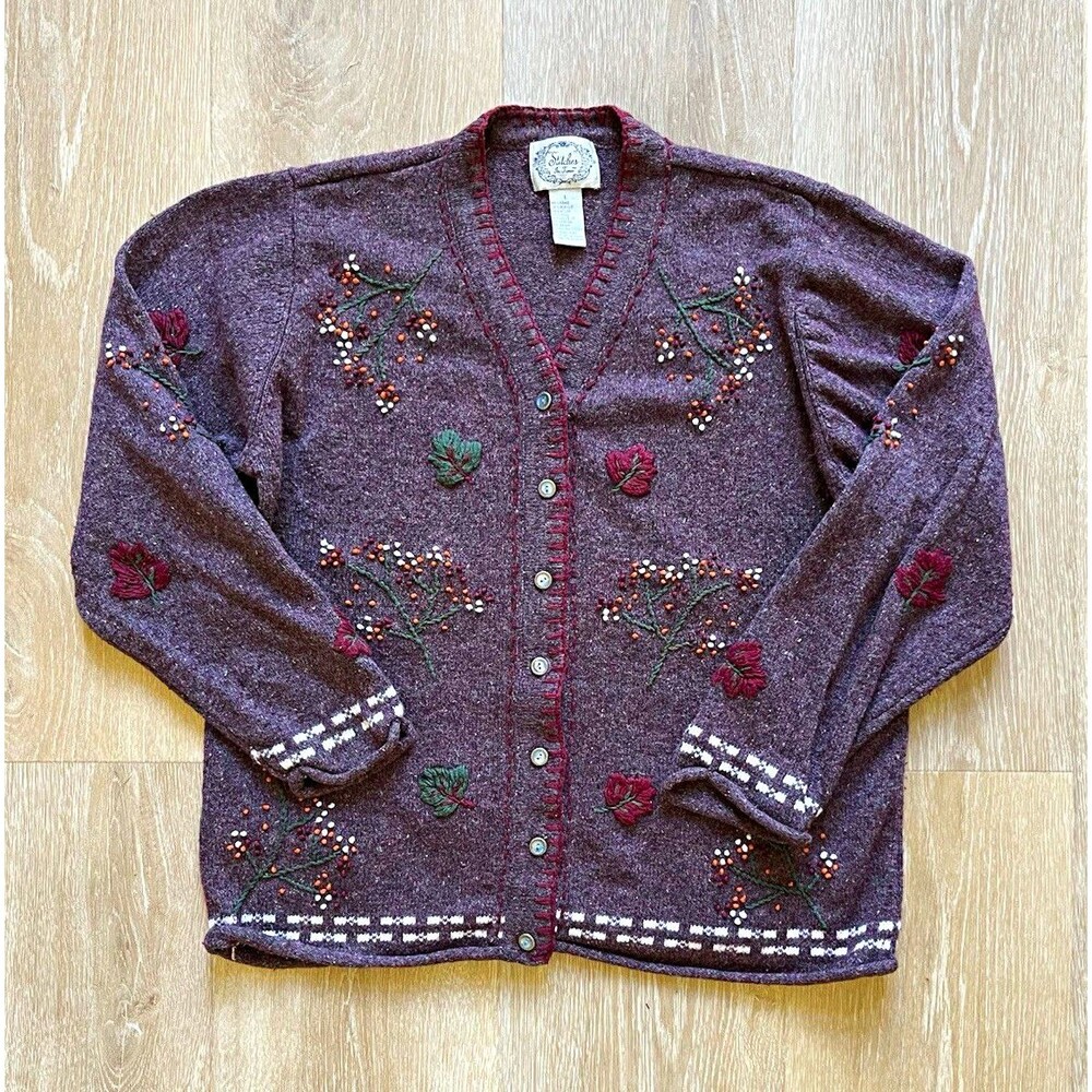 Stitches In Time Womens L Brown Knit Floral Embroidered Beaded V-Neck Cardigan